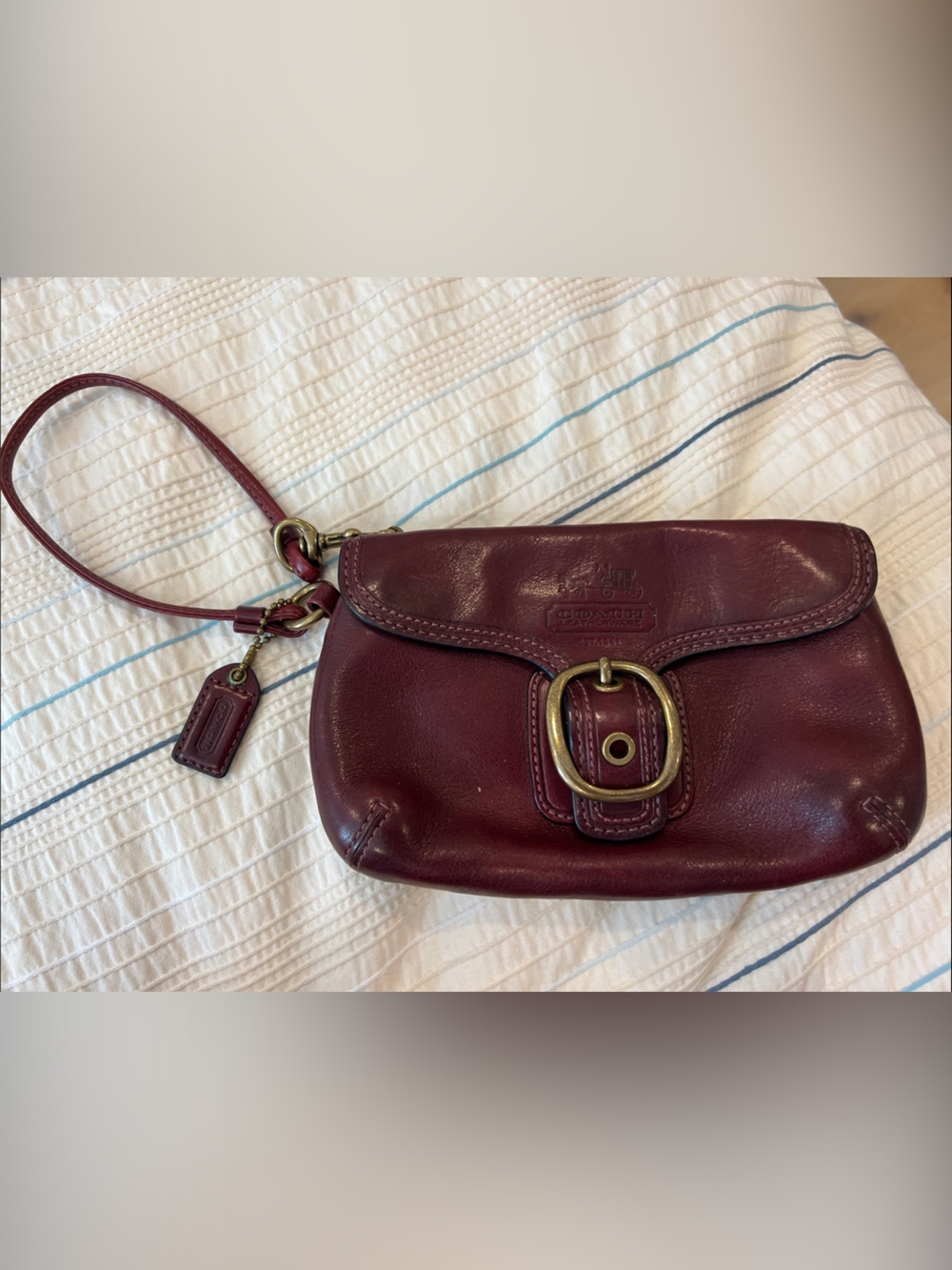 Coach Maroon Leather Wristlet with Brass Buckle